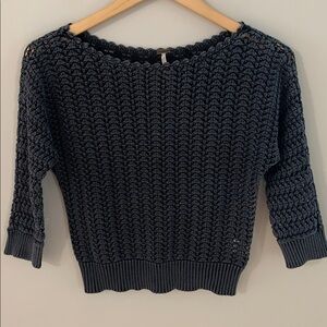 Free People Boomerang Crochet Open Knit Boat Neck Sweater Size XS Charcoal Grey